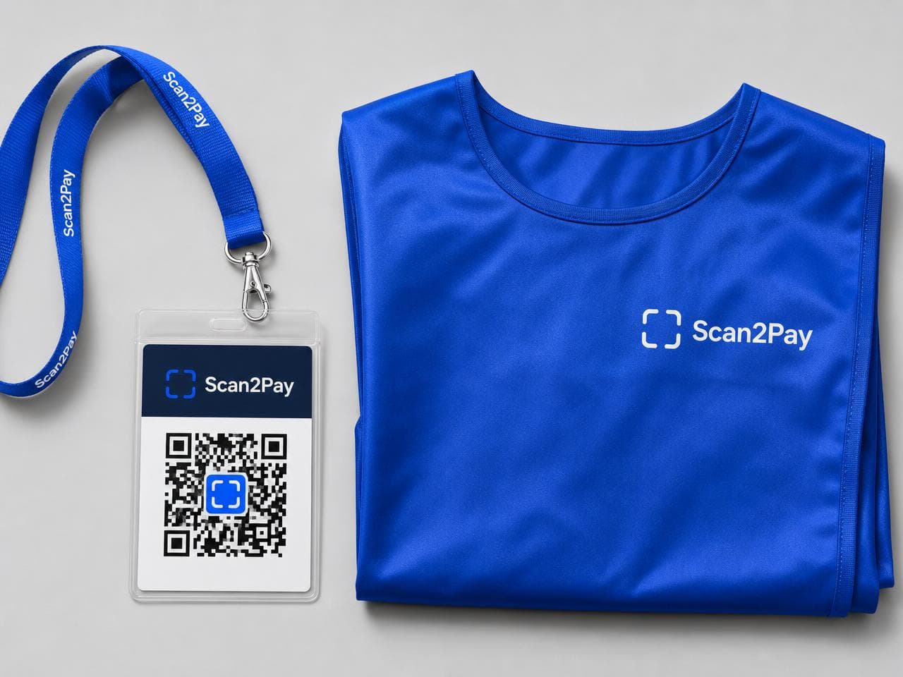 Scan2Pay tip kit: branded lanyard with a QR card holder and a bib